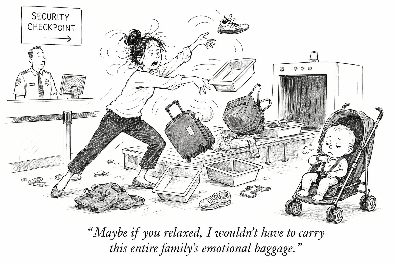Cartoon of a stressed parent at airport security while a calm baby waits in a stroller