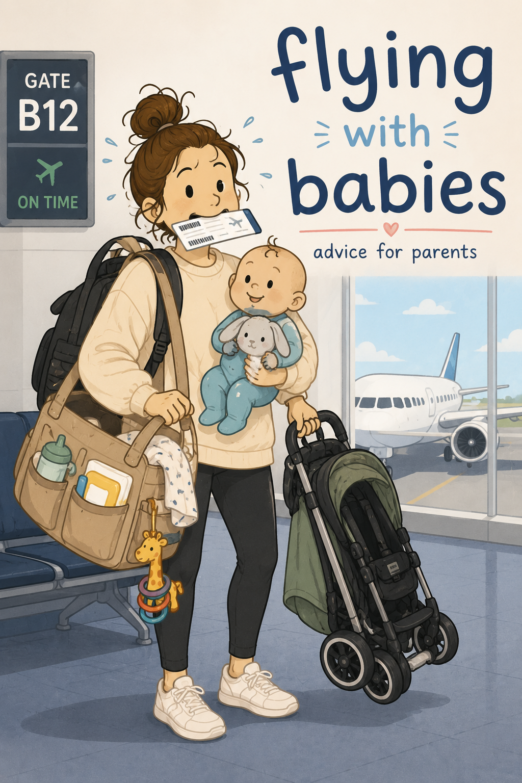 Flying with Babies guide cover — a parent at the airport with baby and travel gear
